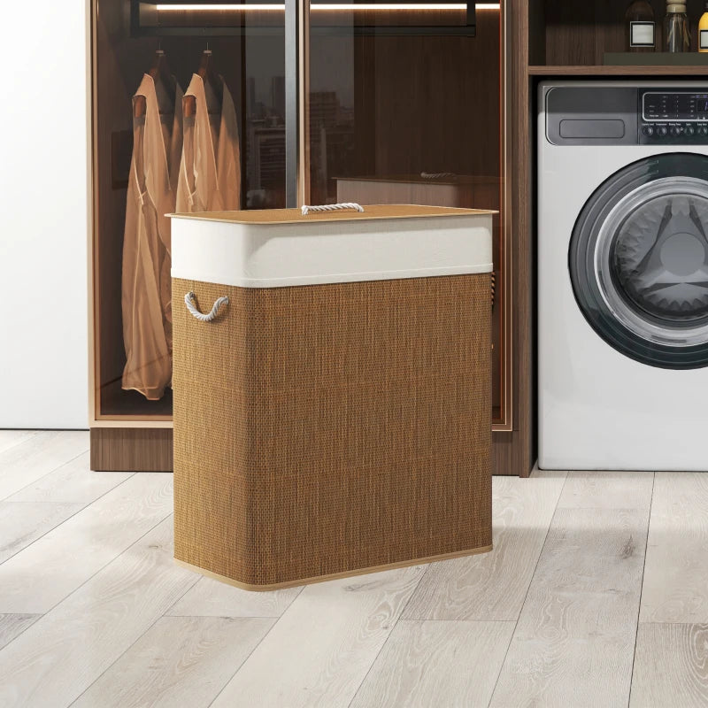 Double Laundry Basket with Lid, 100L Bamboo Laundry Hamper with Rope Handles and Removable Bags, Brown