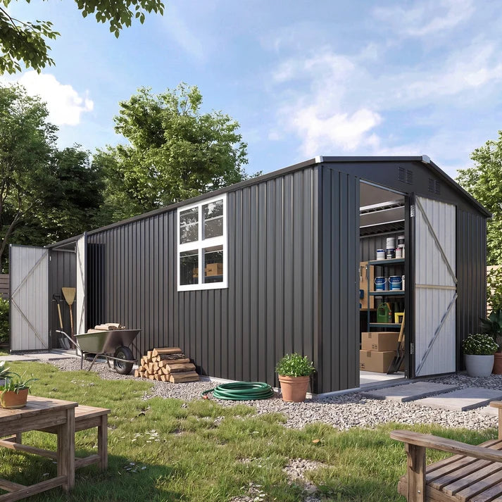 YODOLLA 10' x 20' Outdoor Storage Shed, Large Metal Garden Shed with Windows & Double Doors