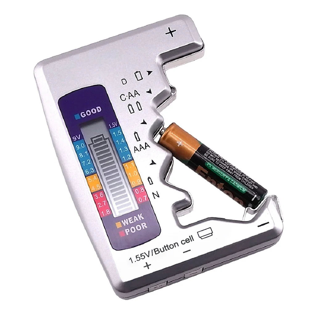 Universal Battery Tester with LCD Display for AA, AAA, C, D, N, 9V & Button Cell Batteries