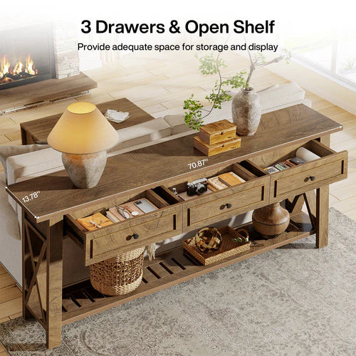 70.8" Console Table with 3 Storage Drawers, Long Sofa Table Behind Couch with Shelf, Farmhouse Entryway Table Brown