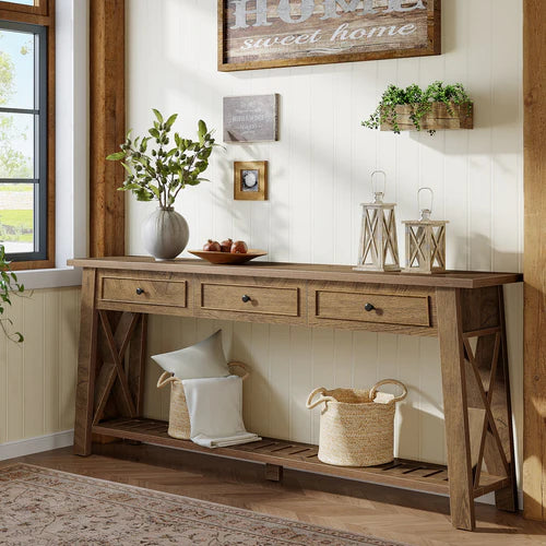 70.8" Console Table with 3 Storage Drawers, Long Sofa Table Behind Couch with Shelf, Farmhouse Entryway Table Brown