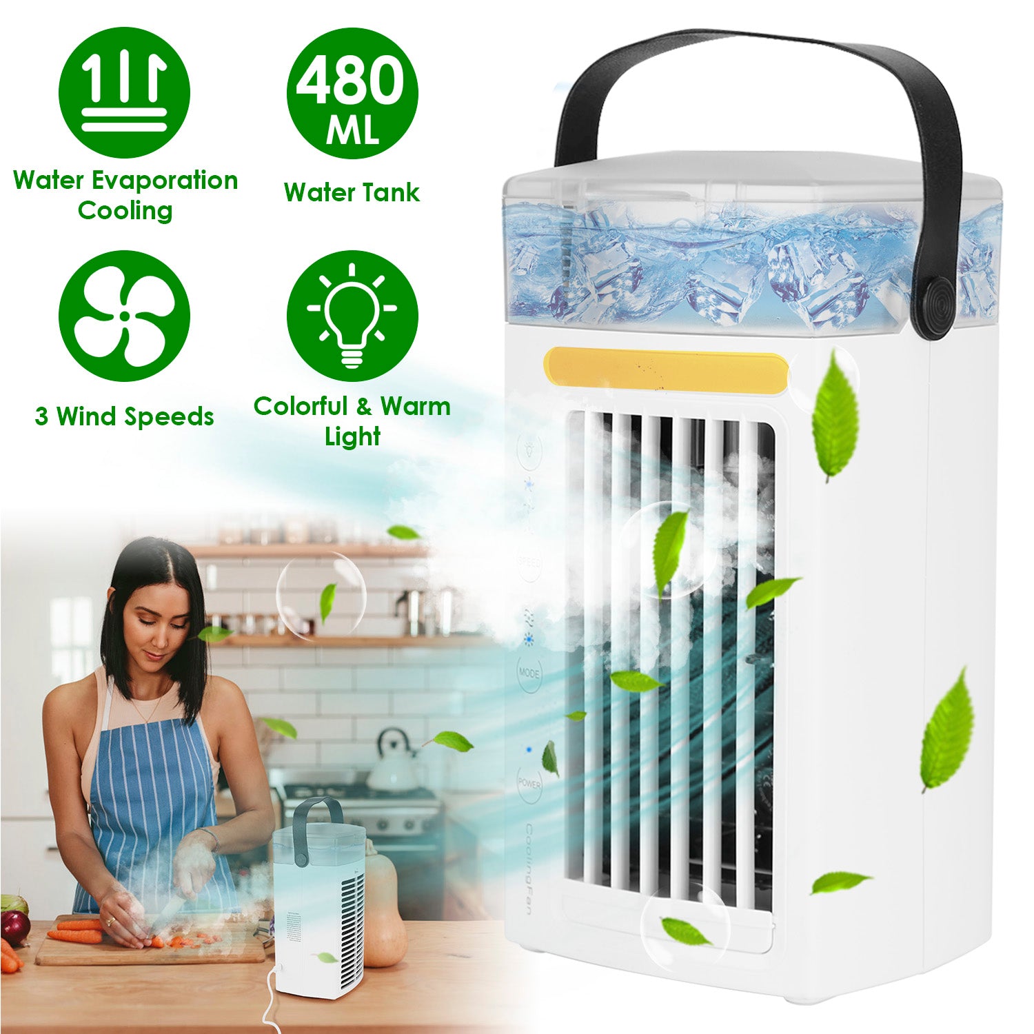 4 In 1 Portable Air Conditioner Fan Evaporative Air Cooler Water Mist Cooling Fan for Desktop 3 Speeds Nightlight