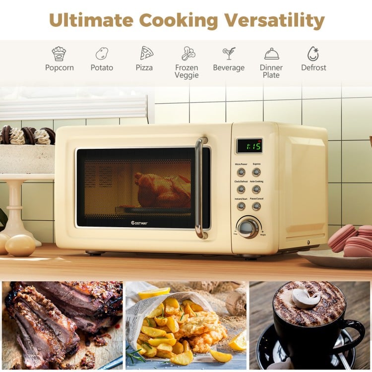 700W Retro Countertop Microwave Oven with 5 Micro Power and Auto Cooking Function-Cream White