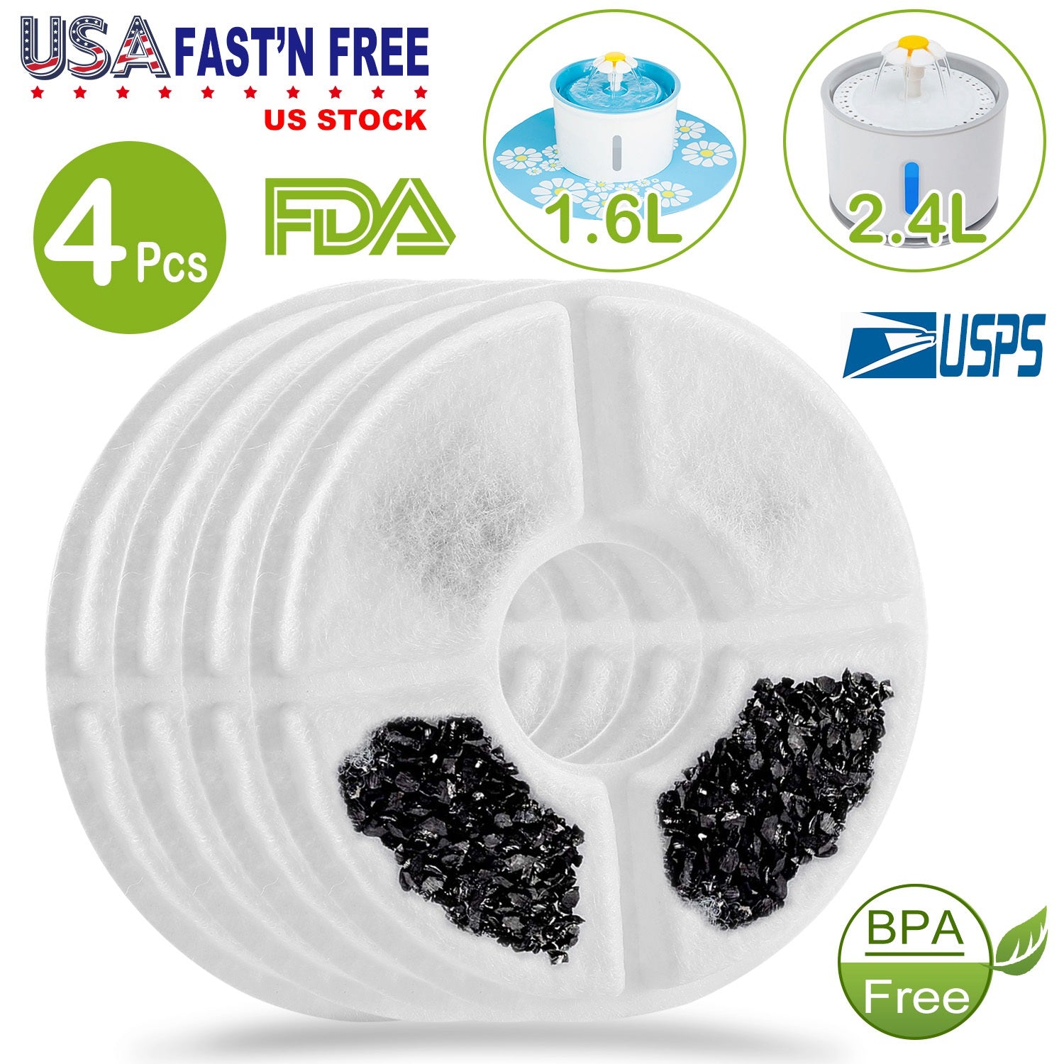 4Pcs Pet Cat Water Fountain Replacement Filters Active Carbon Filter for 1.6L/2.4L Pet Fountain Dispenser Waterer