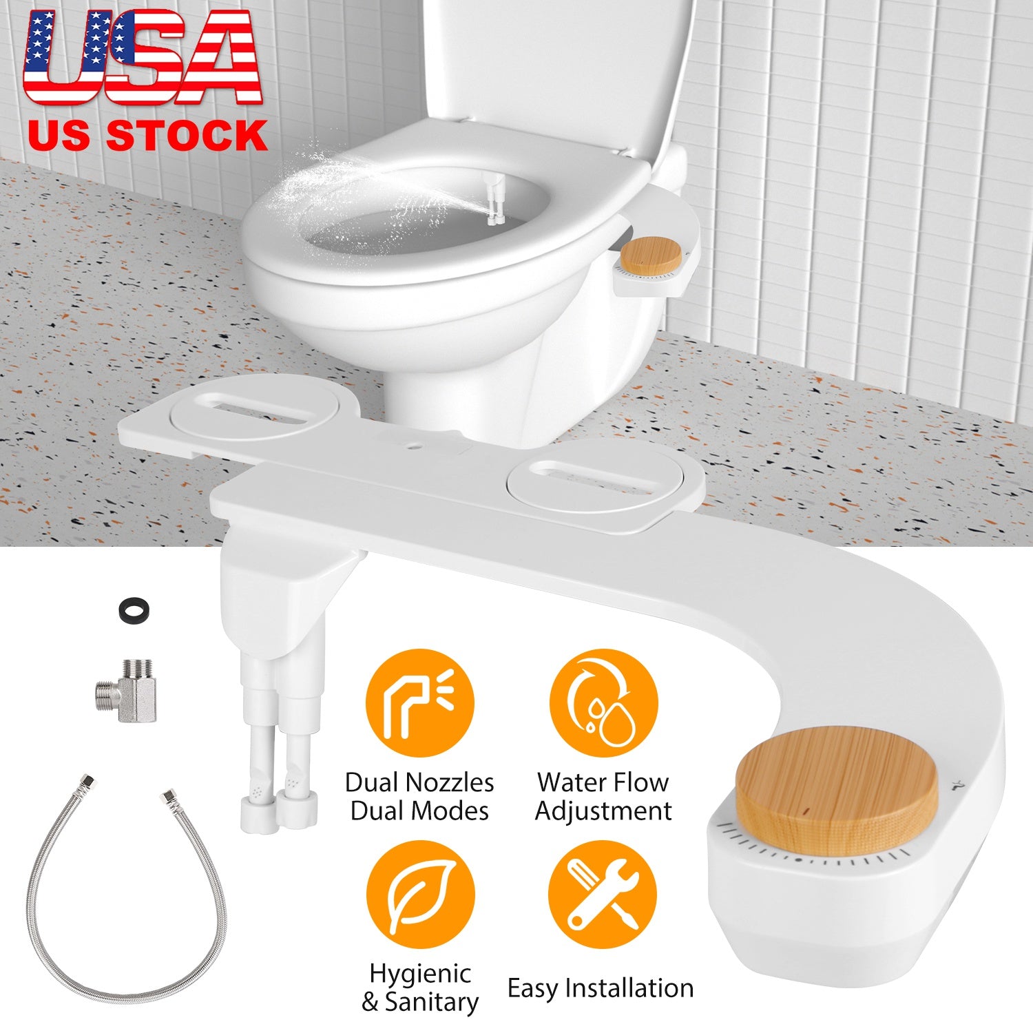 Bidet Attachment Non-Electric Fresh Water Bidet Sprayer Toilet Seat Attachment with Dual Nozzles Water Flow Control