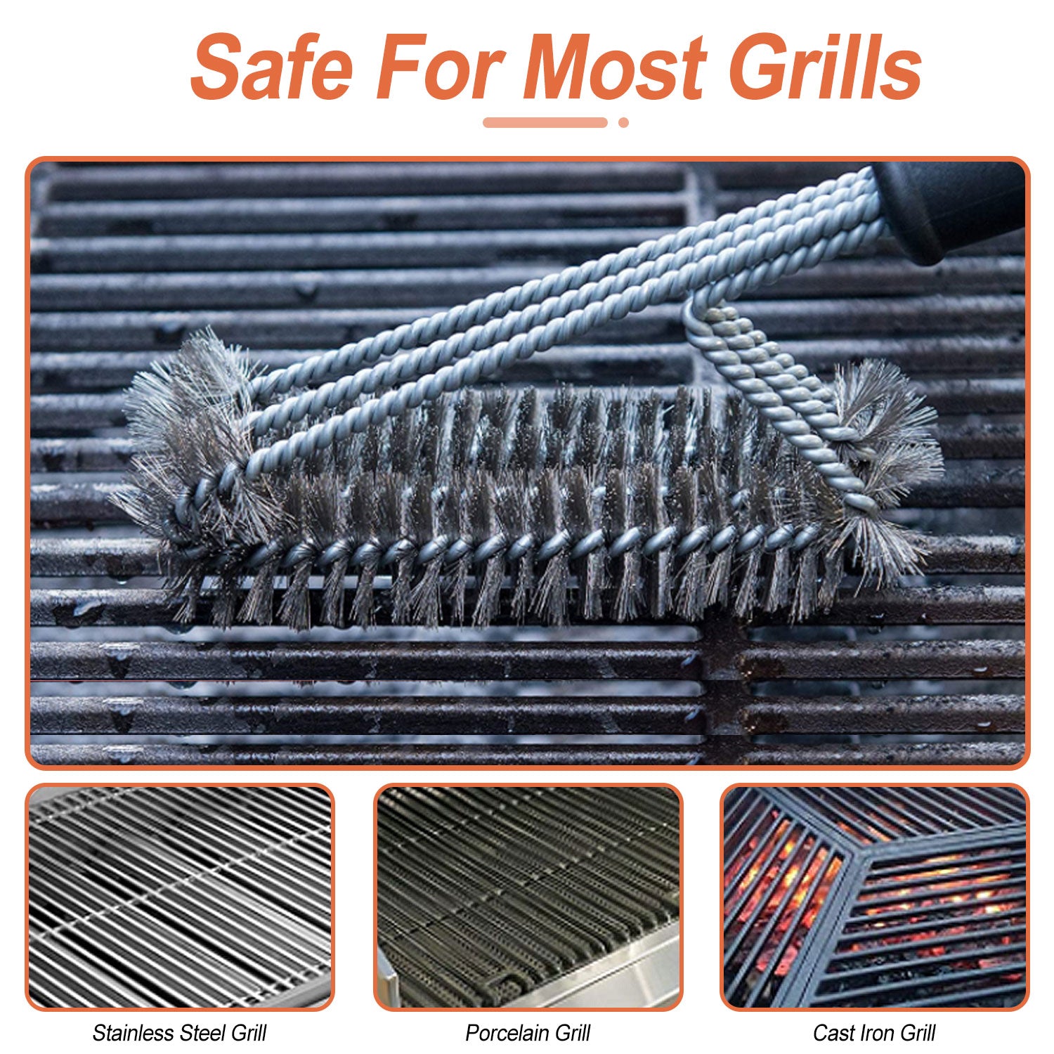 BBQ Grill Cleaning Brush Stainless Steel Barbecue Cleaner w/ 18in Suitable Handle Stiff Wire Bristles for Grill Cooking Grates