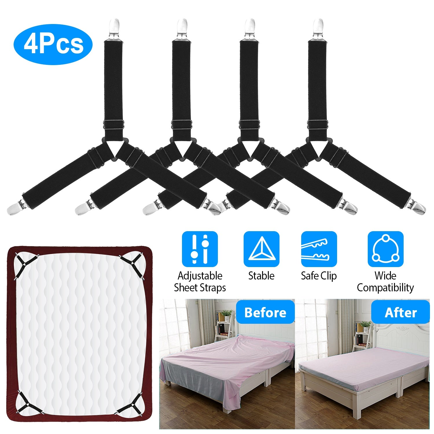 4Pcs Bed Sheet Fastener Holder Triangle Mattress Suspender Straps Grippers Clip For Covers Sofa Cushion