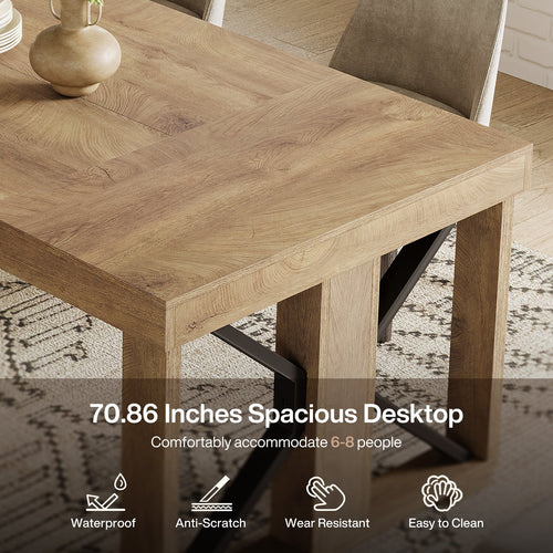 70.8" Dining Table, Rectangular Kitchen Dinner Table for 6–8 People, Farmhouse Wood Finish Brown