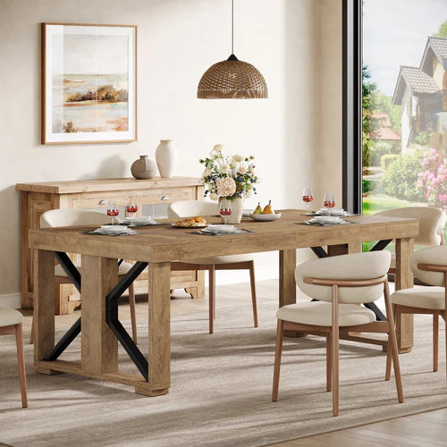 70.8" Dining Table, Rectangular Kitchen Dinner Table for 6–8 People, Farmhouse Wood Finish Brown
