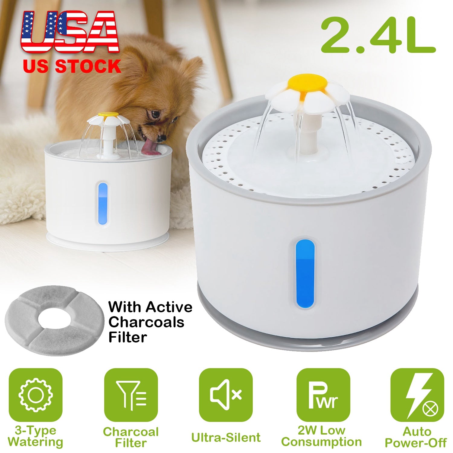 2.4L Automatic Dog Cat Water Fountain Electric LED Pet Flower Water Dispenser Ultra Silent Health Cat Waterer Auto Off Level Window