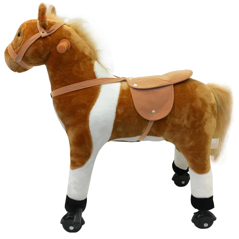 Qaba Kids Rocking Horse, Large Walking Ride on Toy for Toddlers 3 year old, Baby Plush Animal Rocker with Sound and Wheel, Brown