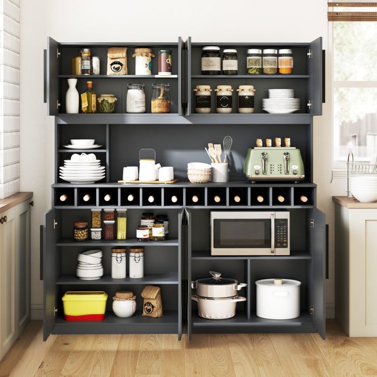 70 Inch Farmhouse Pantry Cabinet Kitchen Buffet Hutch with 4 Cabinets and 2 Open Shelves-Dark Gray