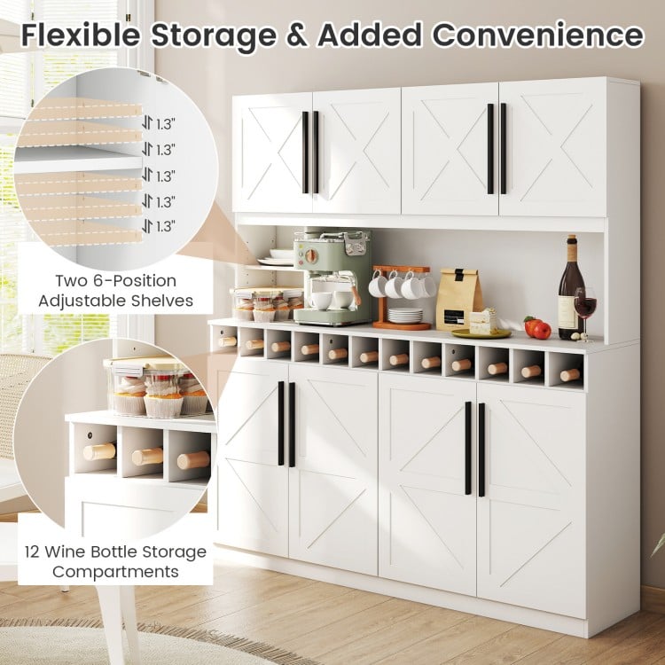 70 Inch Farmhouse Pantry Cabinet Kitchen Buffet Hutch with 4 Cabinets and 2 Open Shelves-White