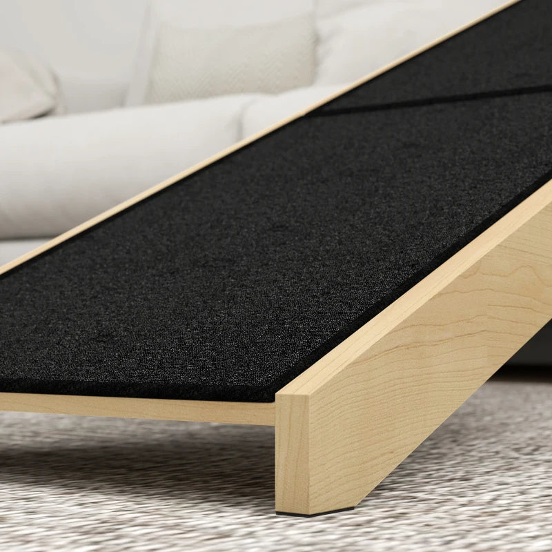 Pet Ramp Bed Steps for Dogs Cats Non-slip Carpet Top Platform Pine Wood 59"L x 16"W x 20"H Natural Wood