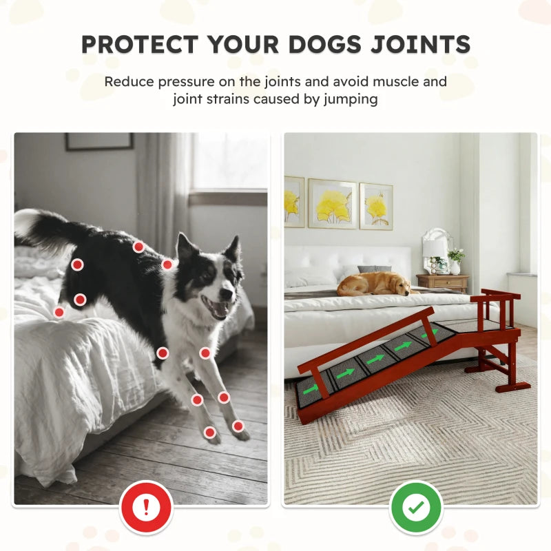 Wooden Dog Ramp for Large Dogs, 49" Long, with Non-slip Rug, Removable Guardrails for Couch, Bed, Brown