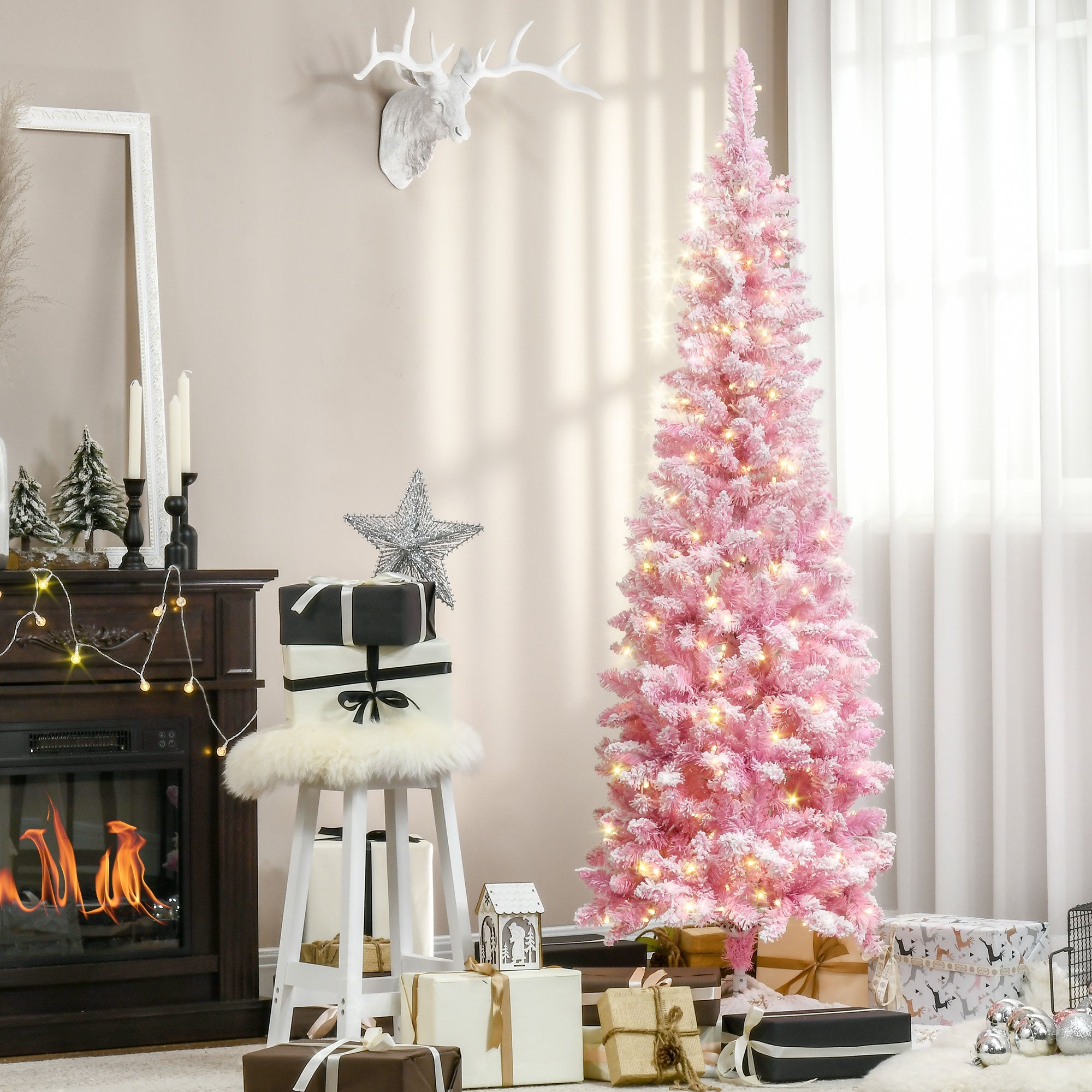 HOMCOM 6 Foot Prelit Snow Flocked Artificial Christmas Tree with Pencil Shape, 500 Pine Realistic Branches, Warm White LED lights