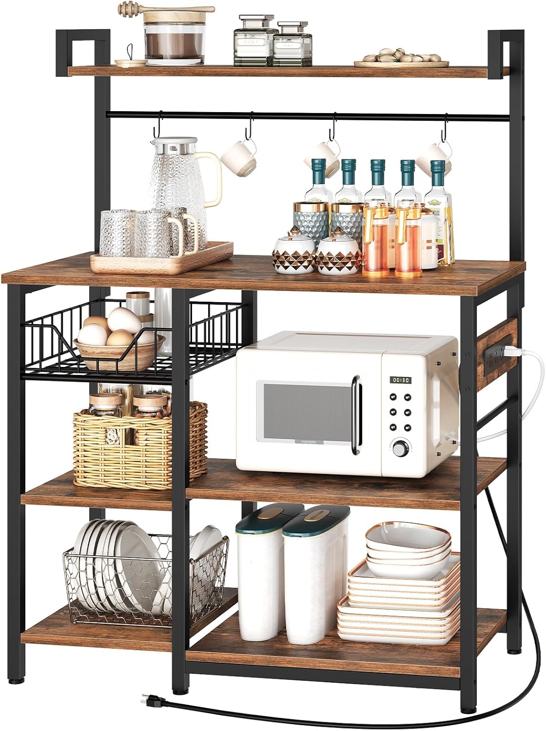 HOOBRO Kitchen Baker's Rack with Power Outlet, Coffee Bar & Microwave Stand, 6-Tier Storage Shelf with Mesh Basket and Hooks, Rustic Brown & Black