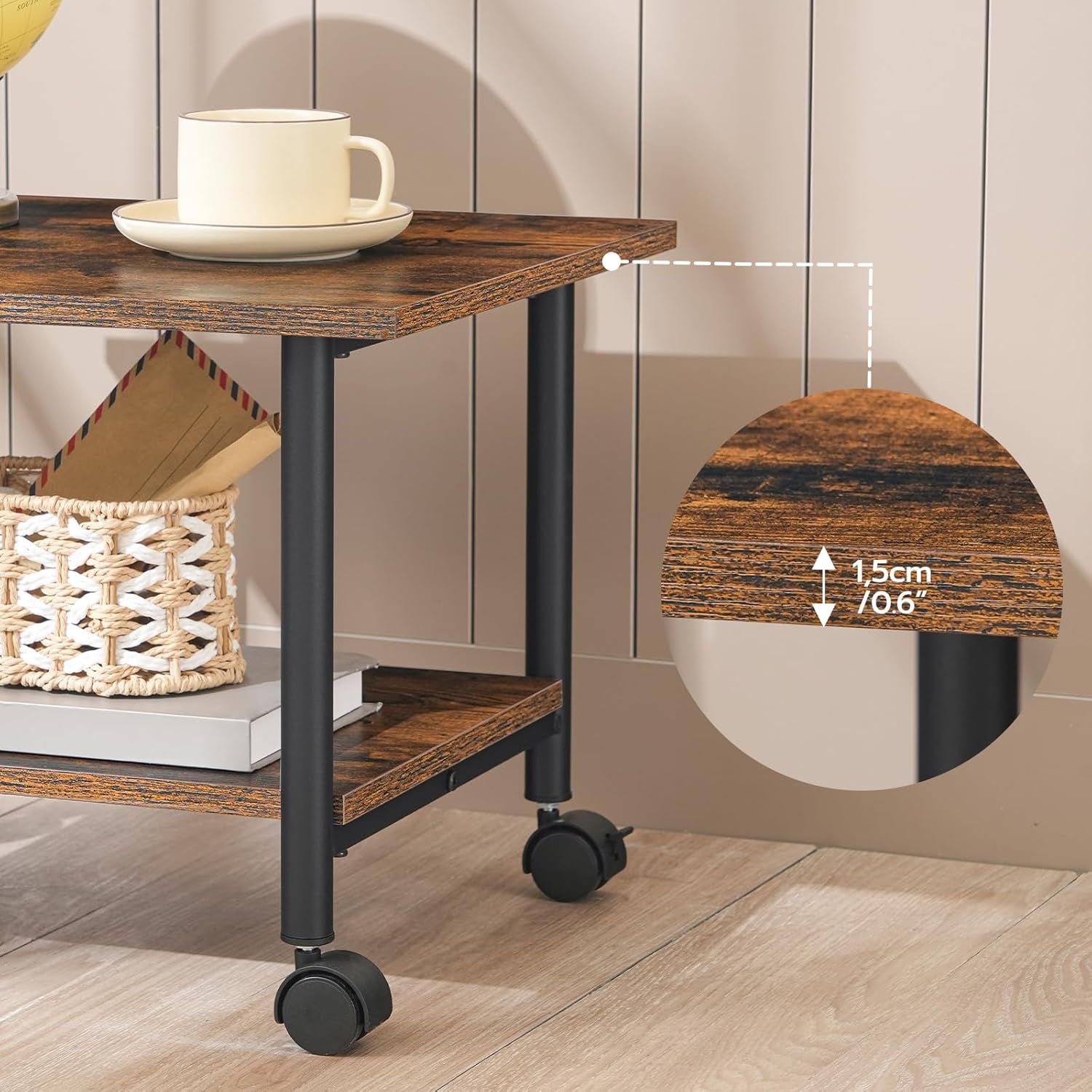 HOOBRO 2-Tier Printer Stand with Storage Shelves and Lockable Wheels, Rustic Brown + Black