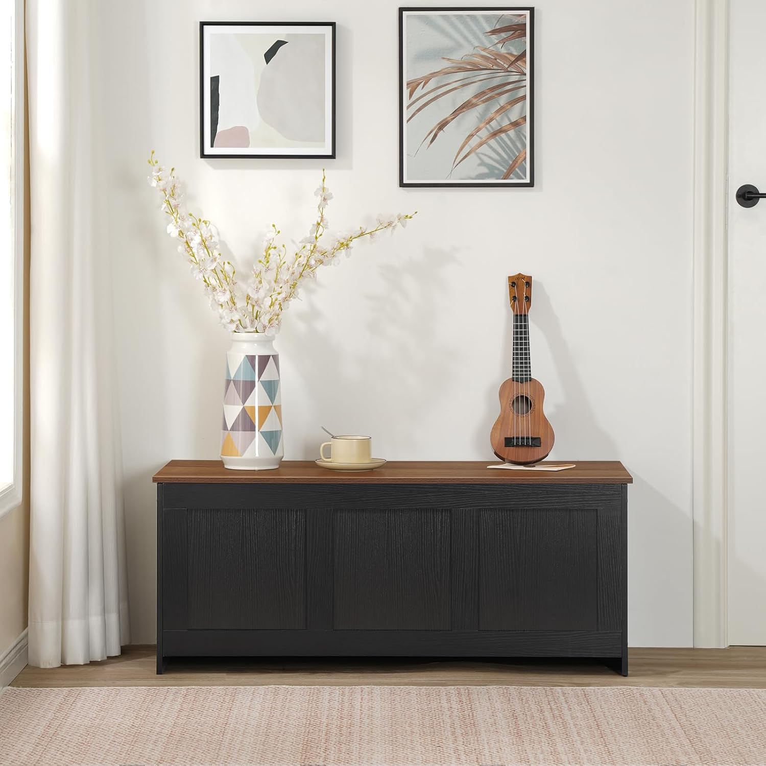 HOOBRO 100cm Storage Bench with Lift Top, Wooden Storage Chest & Toy Box, Entryway Organizer, Black & Walnut
