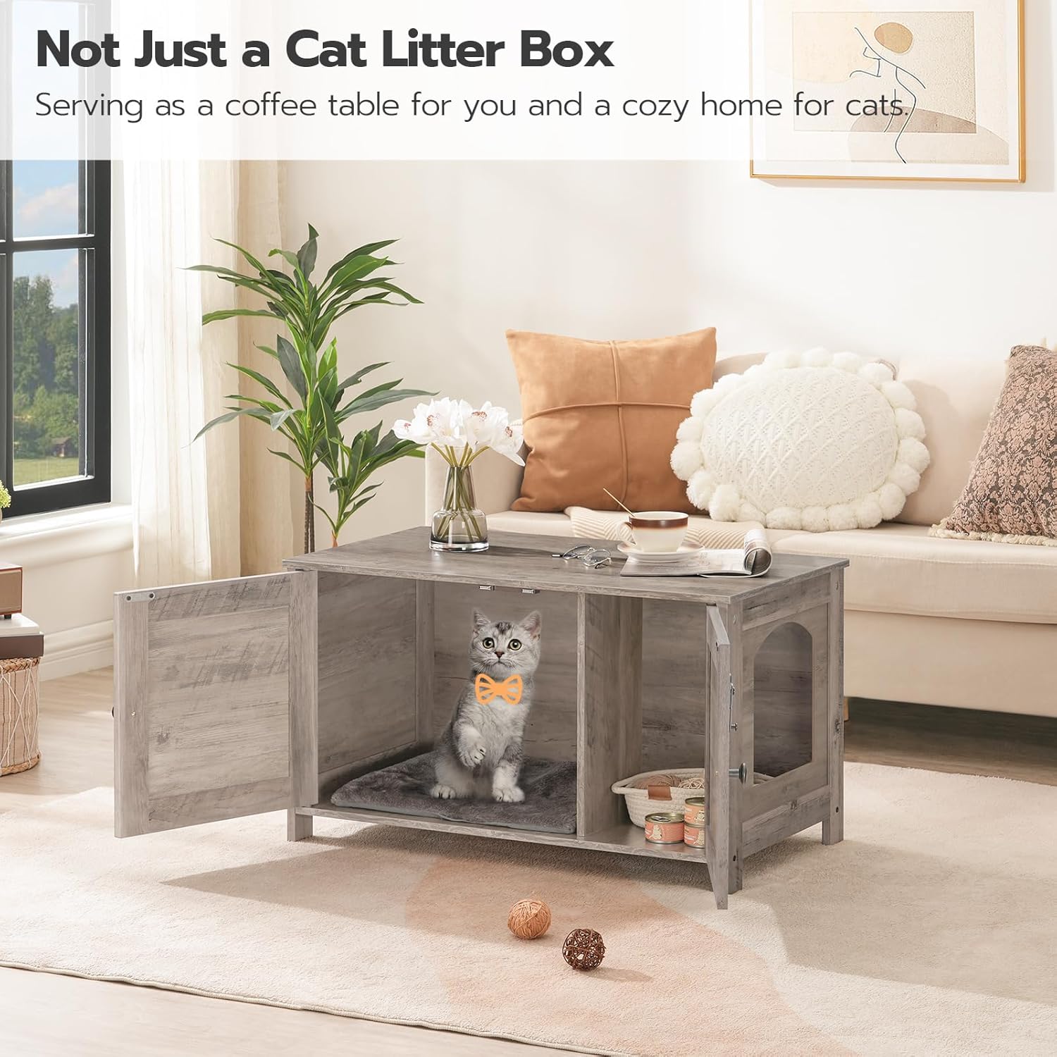 HOOBRO Cat Litter Box Enclosure, Hidden Cat Washroom Furniture with Divider, Wooden Pet House End Table, Large Cat Litter Box Cabinet, Greige BG03MW01G2