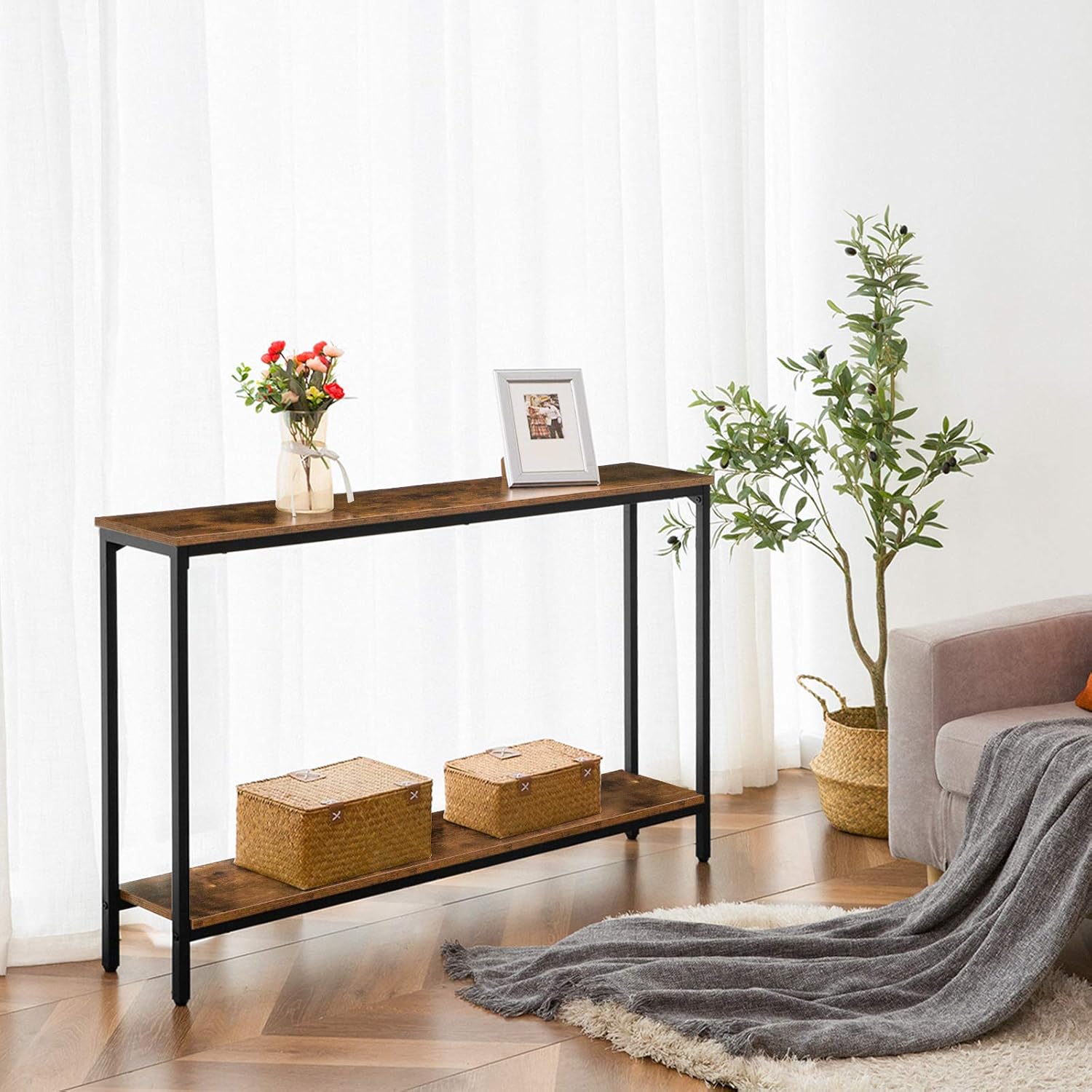 HOOBRO 120 cm Narrow Console Table with Storage Shelf, Industrial Sofa Table for Entryway, Hallway & Living Room, Rustic Brown BF20XG01G1