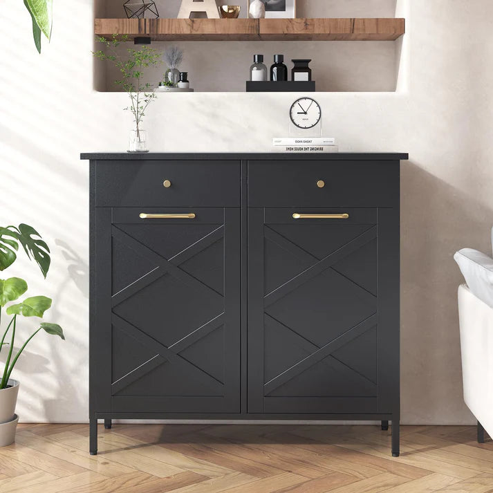 YODOLLA Double Tilt-Out Trash Can Cabinet with 2 Drawers, Hidden Kitchen Garbage Bin Storage Cabinet