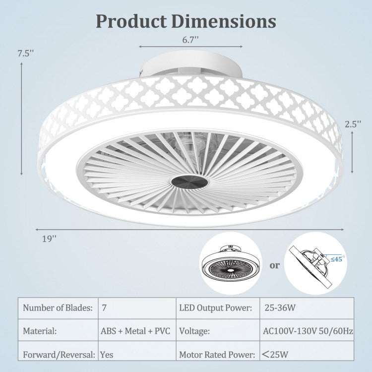 19" Low Profile LED Ceiling Fan with Remote Control, Dimmable Light & Reversible DC Motor – White