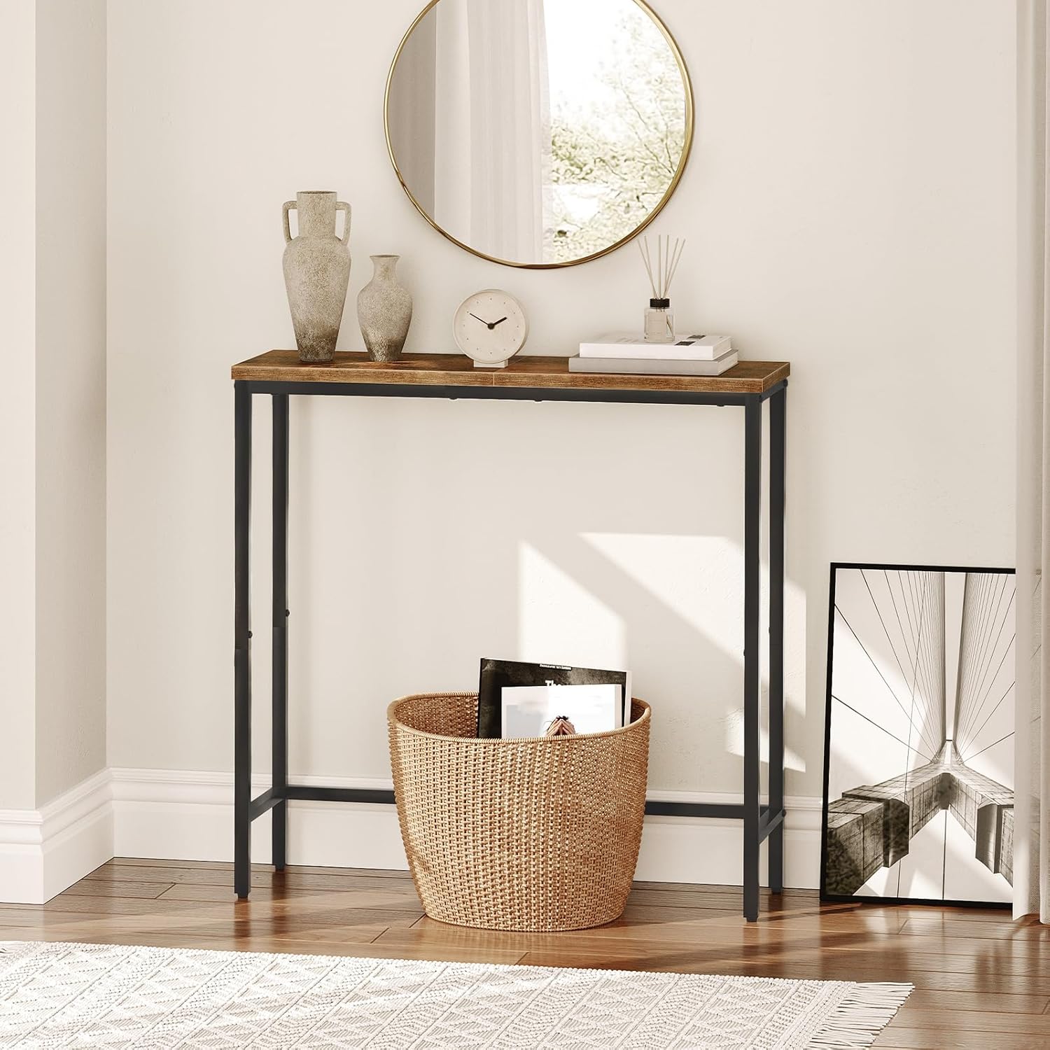 HOOBRO Narrow Console Table 75 cm Entryway Table, Small Sofa Side Table, Rustic Brown & Black BF75XG01