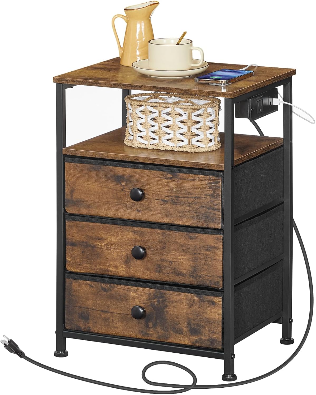 HOOBRO Bedside Table with Charging Station, Narrow Nightstand with 3 Fabric Drawers, USB & Type-C Ports, End Table with Open Storage Shelves, Rustic Brown BF403UBZ01