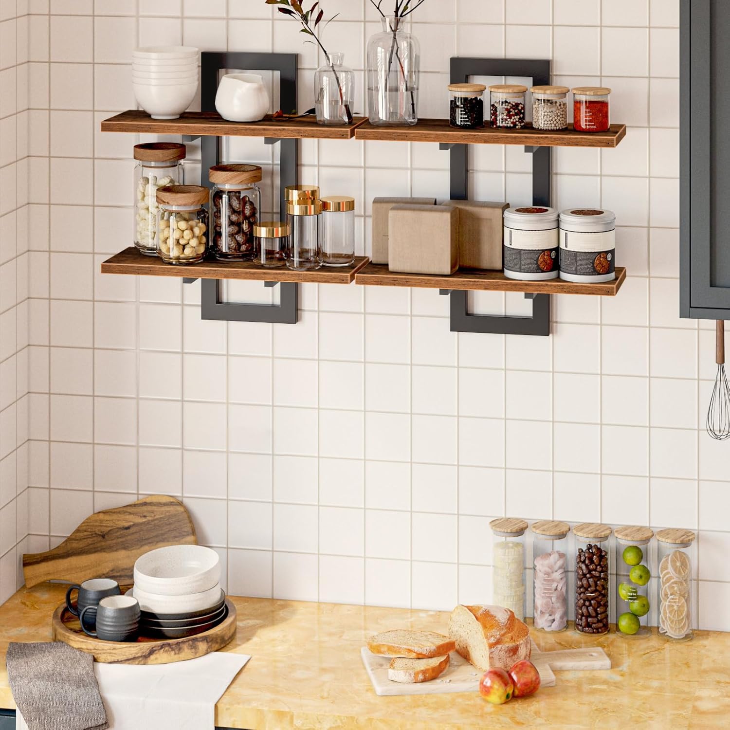 HOOBRO Floating Shelves Set of 2, 2-Tier Wall Mounted Storage Shelves, Rustic Brown & Black