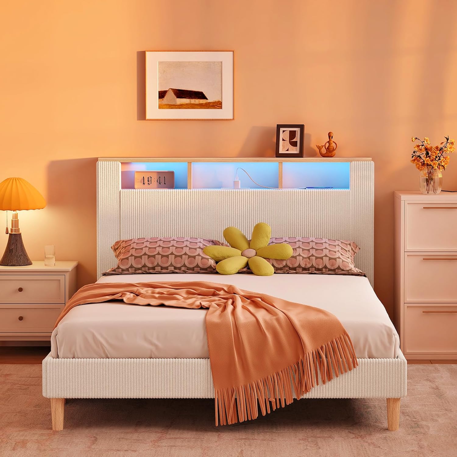 HOOBRO Full Bed Frame with Charging Station, LED Lights & Storage Headboard, Upholstered Corduroy Platform Bed, Beige