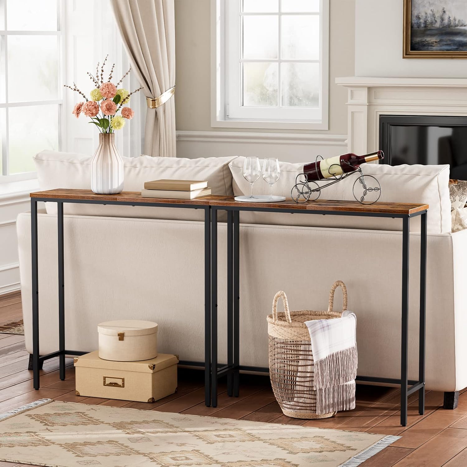 HOOBRO Narrow Console Table 75 cm Entryway Table, Small Sofa Side Table, Rustic Brown & Black BF75XG01