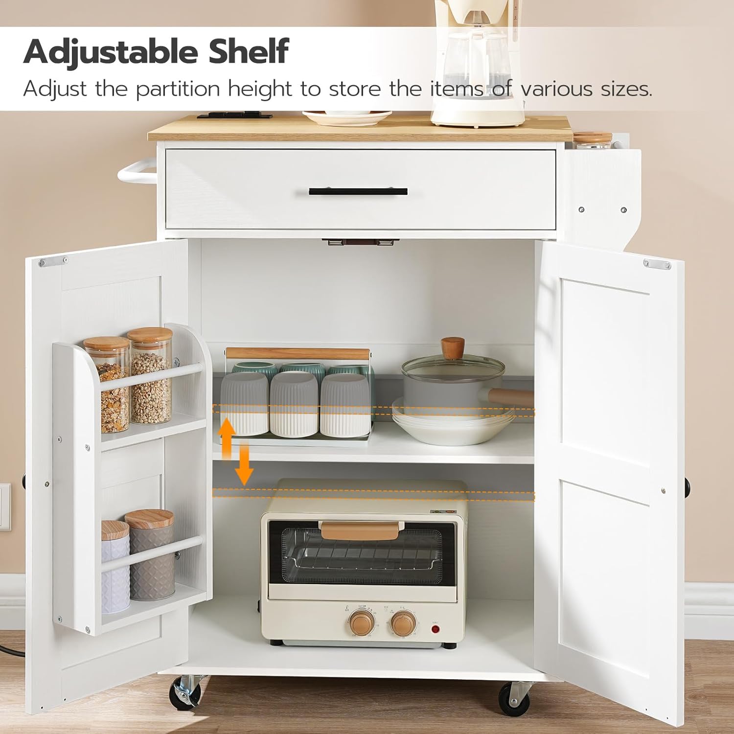 HOOBRO Kitchen Island Cart with Power Outlet, Storage Cabinet, Drawer & Spice Rack, Rolling Kitchen Cart, White & Natural