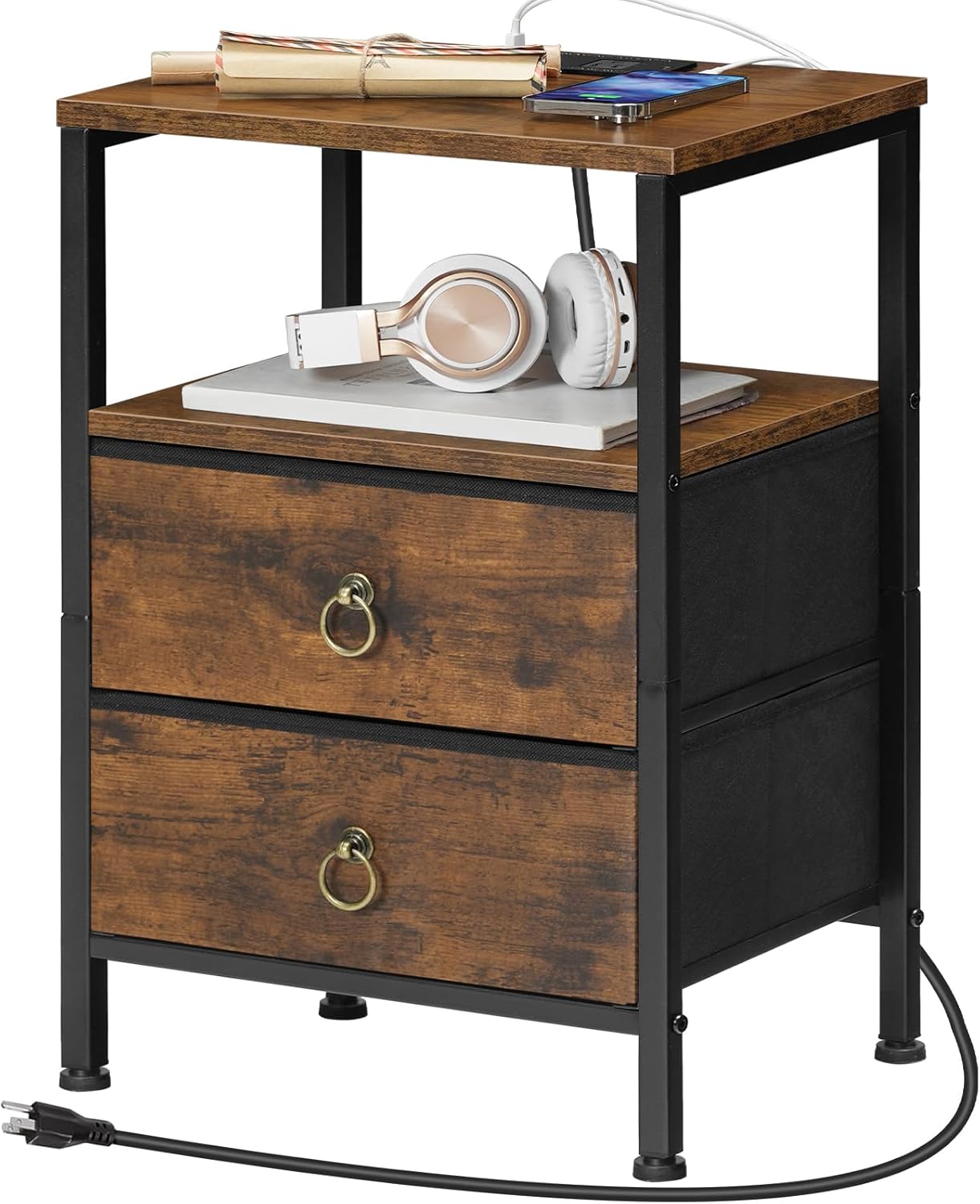 HOOBRO Nightstand with Charging Station, Bedside Table with 2 Fabric Drawers, USB & Type-C Ports, Rustic Brown & Black