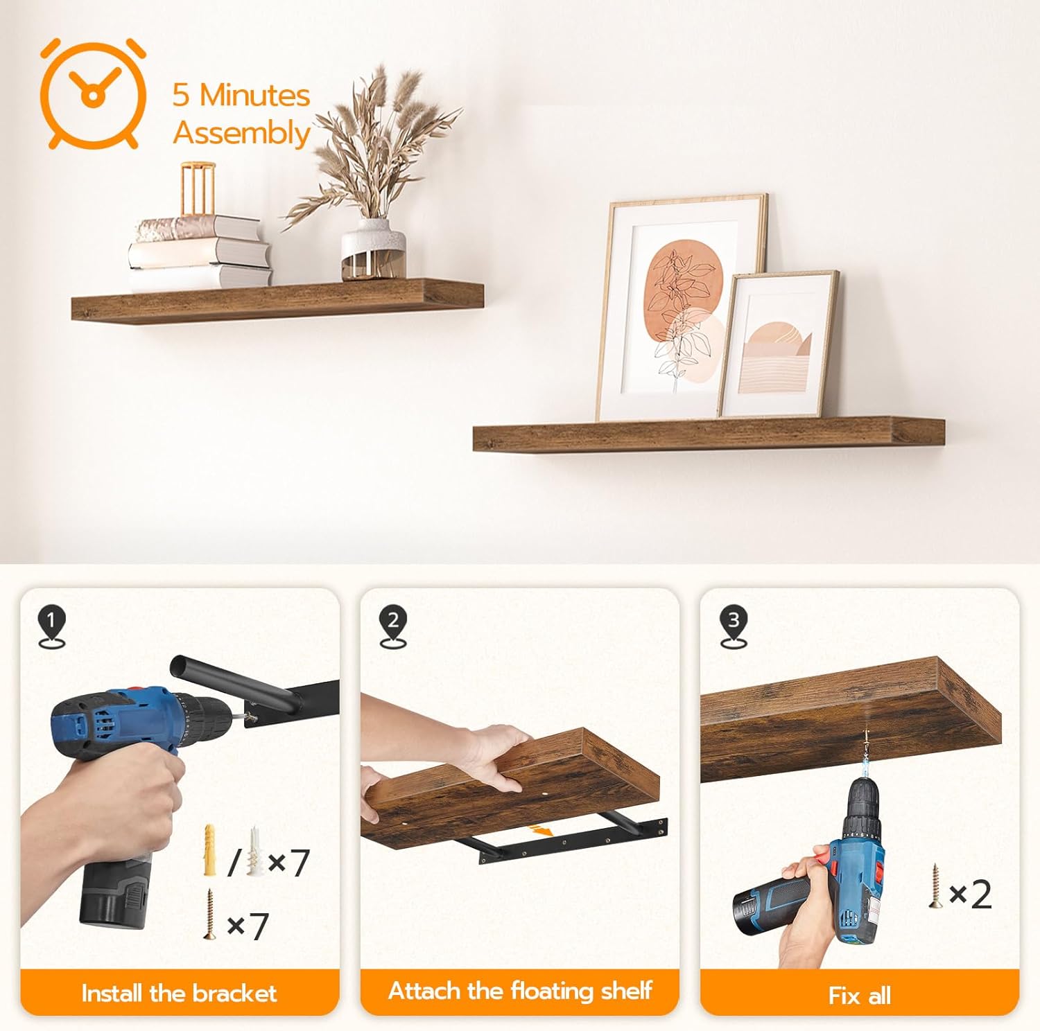 HOOBRO Floating Shelves Wall Shelf Set of 2, 80 cm Rustic Brown Hanging Shelves with Invisible Brackets BF80BJP201