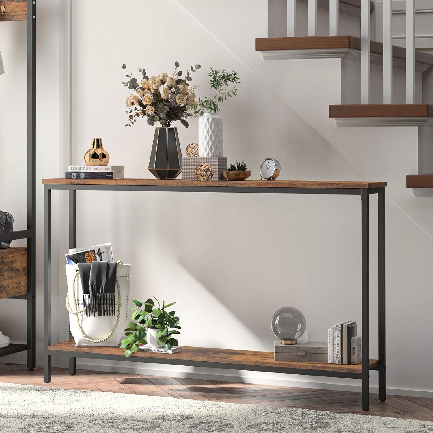 HOOBRO 120 cm Narrow Console Table with Storage Shelf, Industrial Sofa Table for Entryway, Hallway & Living Room, Rustic Brown BF20XG01G1
