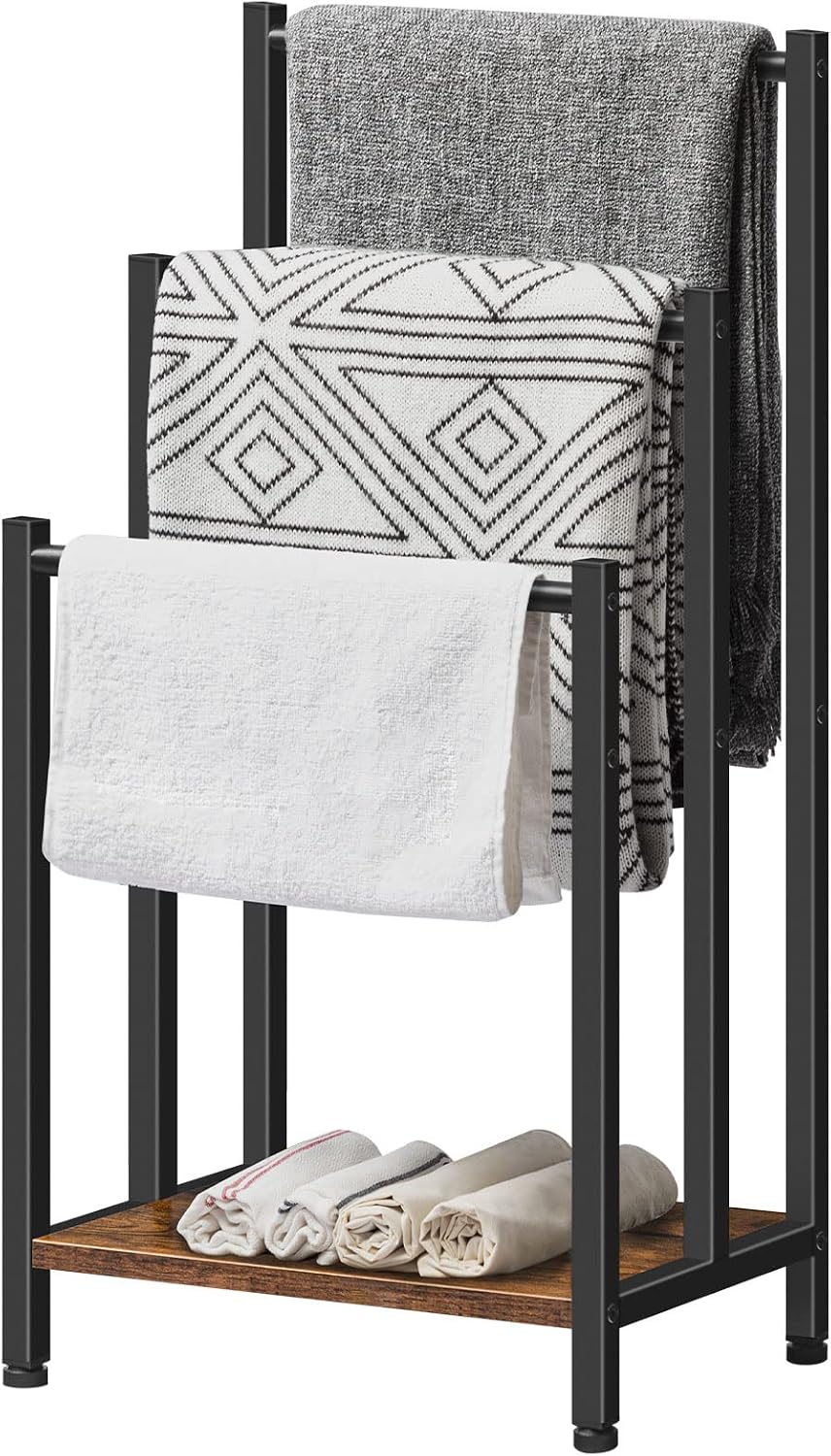 HOOBRO Freestanding Towel Rack, 3-Tier Metal Blanket Rack with Storage Shelf, Industrial Bathroom Towel Holder, Rustic Brown & Black