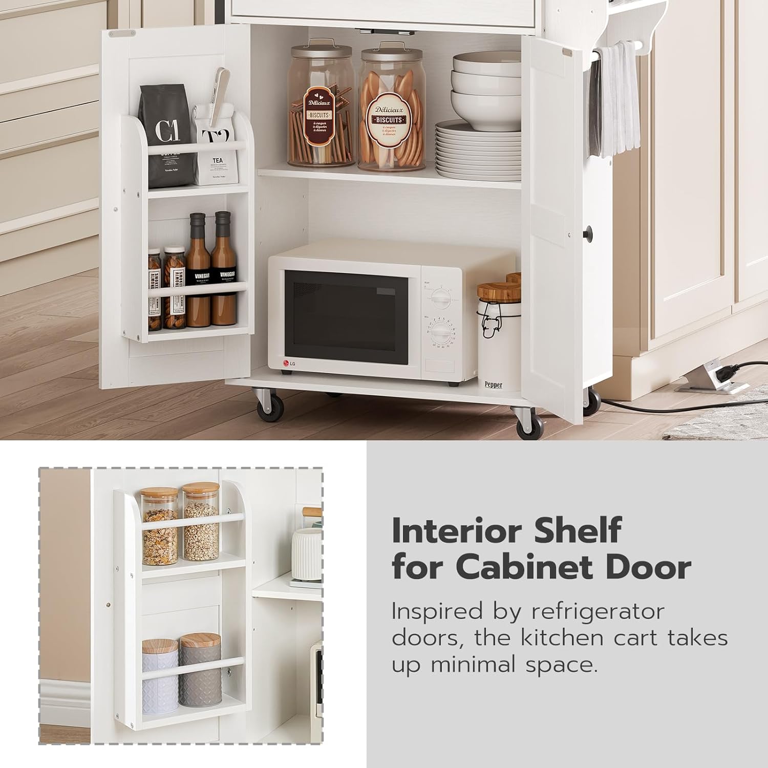 HOOBRO Kitchen Island Cart with Power Outlet, Storage Cabinet, Drawer & Spice Rack, Rolling Kitchen Cart, White & Natural