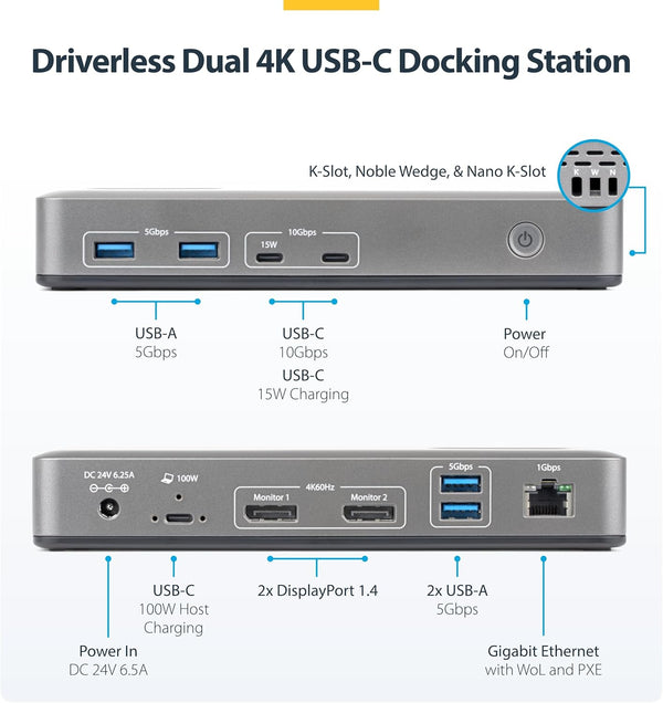 StarTech USB-C Dual 4K 60Hz DisplayPort Docking Station, 100W Power Delivery, 6 USB Ports & Gigabit Ethernet