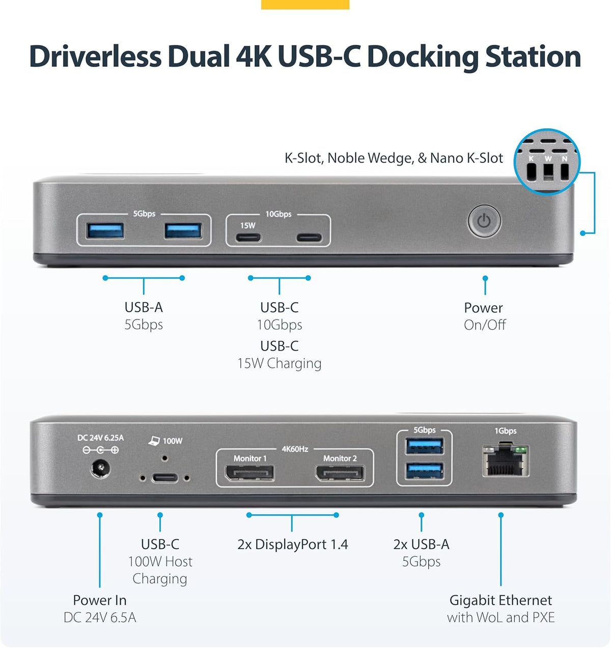 StarTech USB-C Dual 4K 60Hz DisplayPort Docking Station, 100W Power Delivery, 6 USB Ports & Gigabit Ethernet
