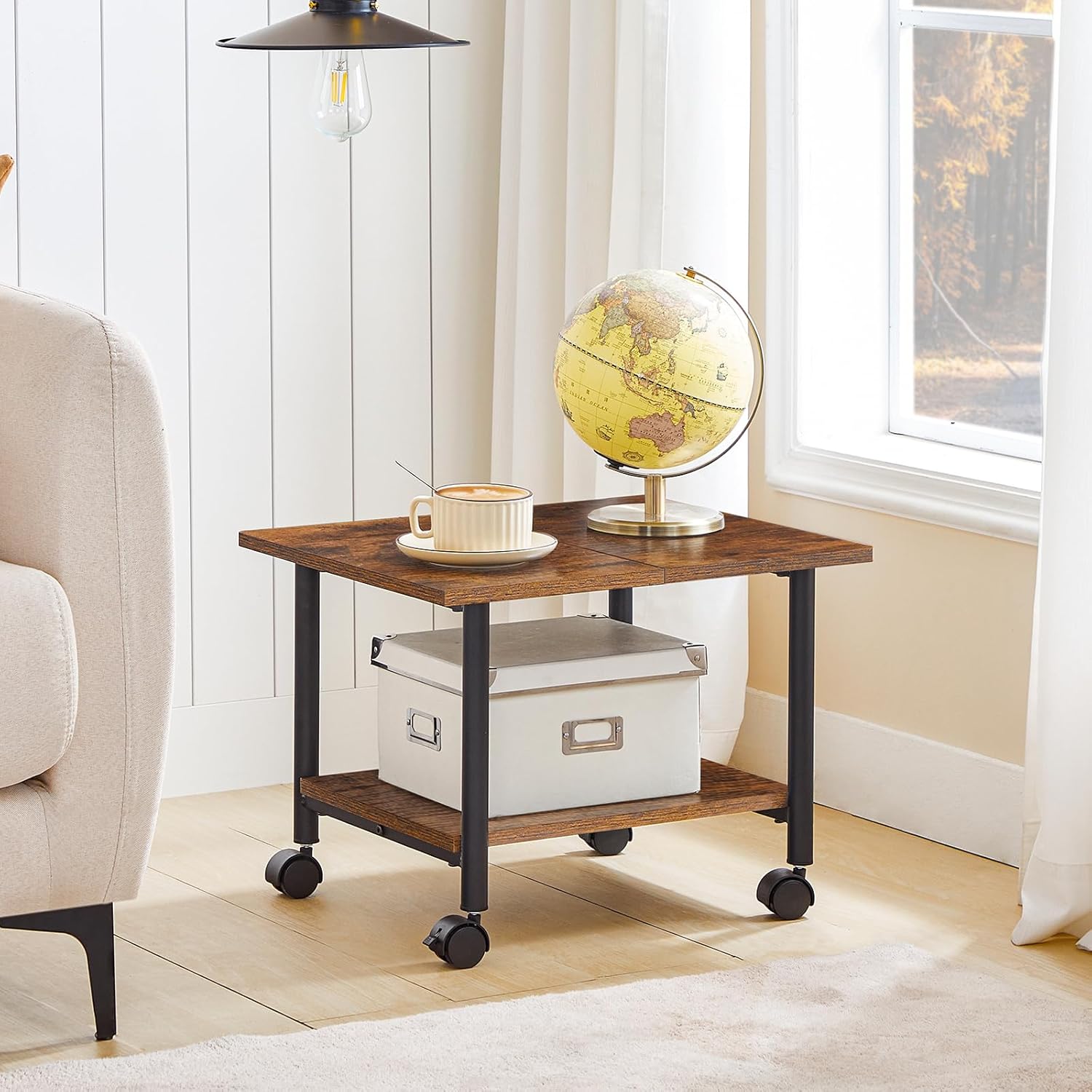 HOOBRO 2-Tier Printer Stand with Storage Shelves and Lockable Wheels, Rustic Brown + Black