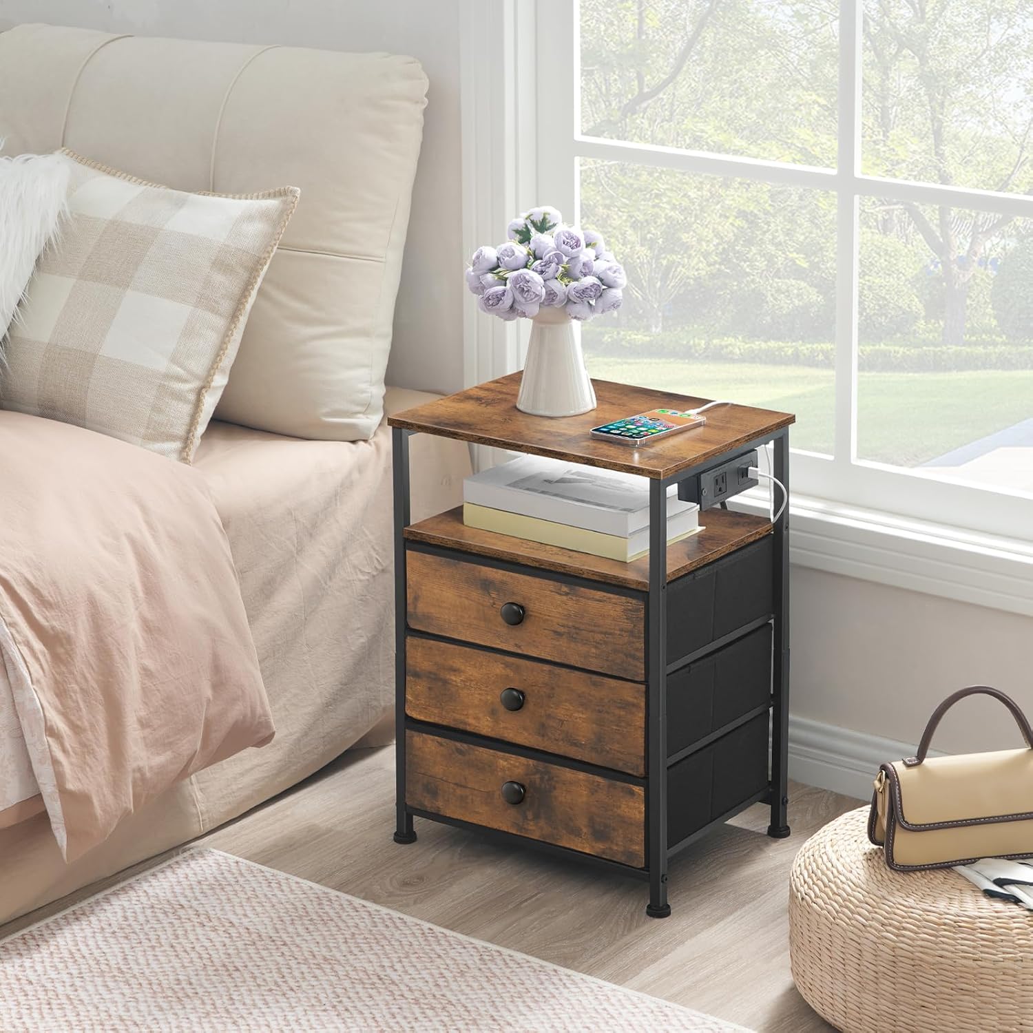 HOOBRO Bedside Table with Charging Station, Narrow Nightstand with 3 Fabric Drawers, USB & Type-C Ports, End Table with Open Storage Shelves, Rustic Brown BF403UBZ01
