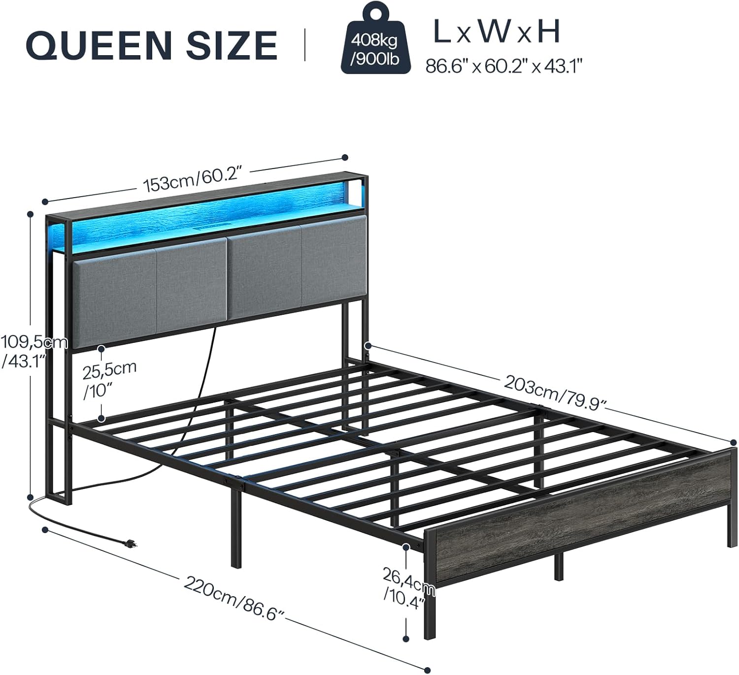 HOOBRO Queen Size Bed Frame with Storage Headboard, Charging Station & 16-Color LED Lights, Charcoal Gray