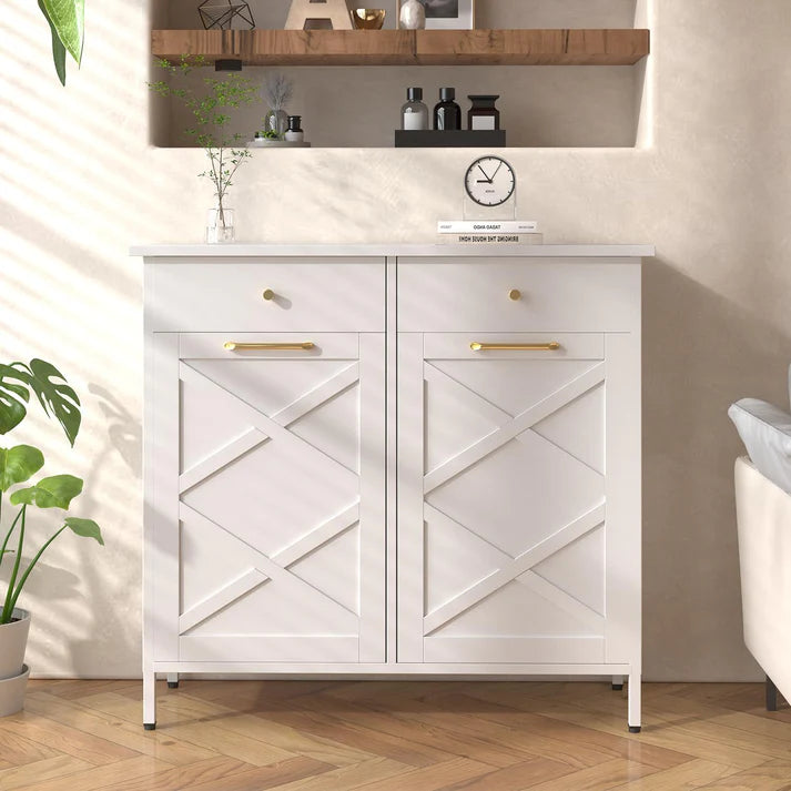 YODOLLA Double Tilt-Out Trash Can Cabinet with 2 Drawers, Hidden Kitchen Garbage Bin Storage Cabinet