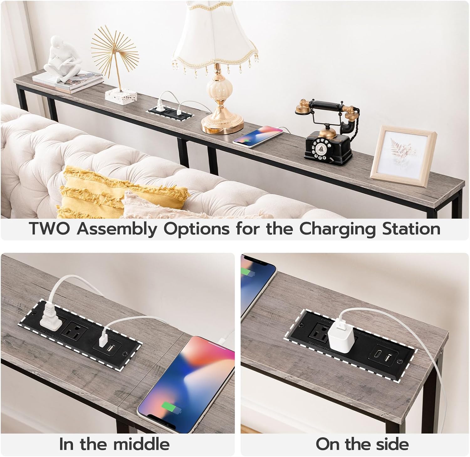 HOOBRO 180 cm Skinny Console Table with Charging Station, Narrow Sofa Table with Power Outlets, Slim Entryway Table, Greige & Black BG185UXG01G1