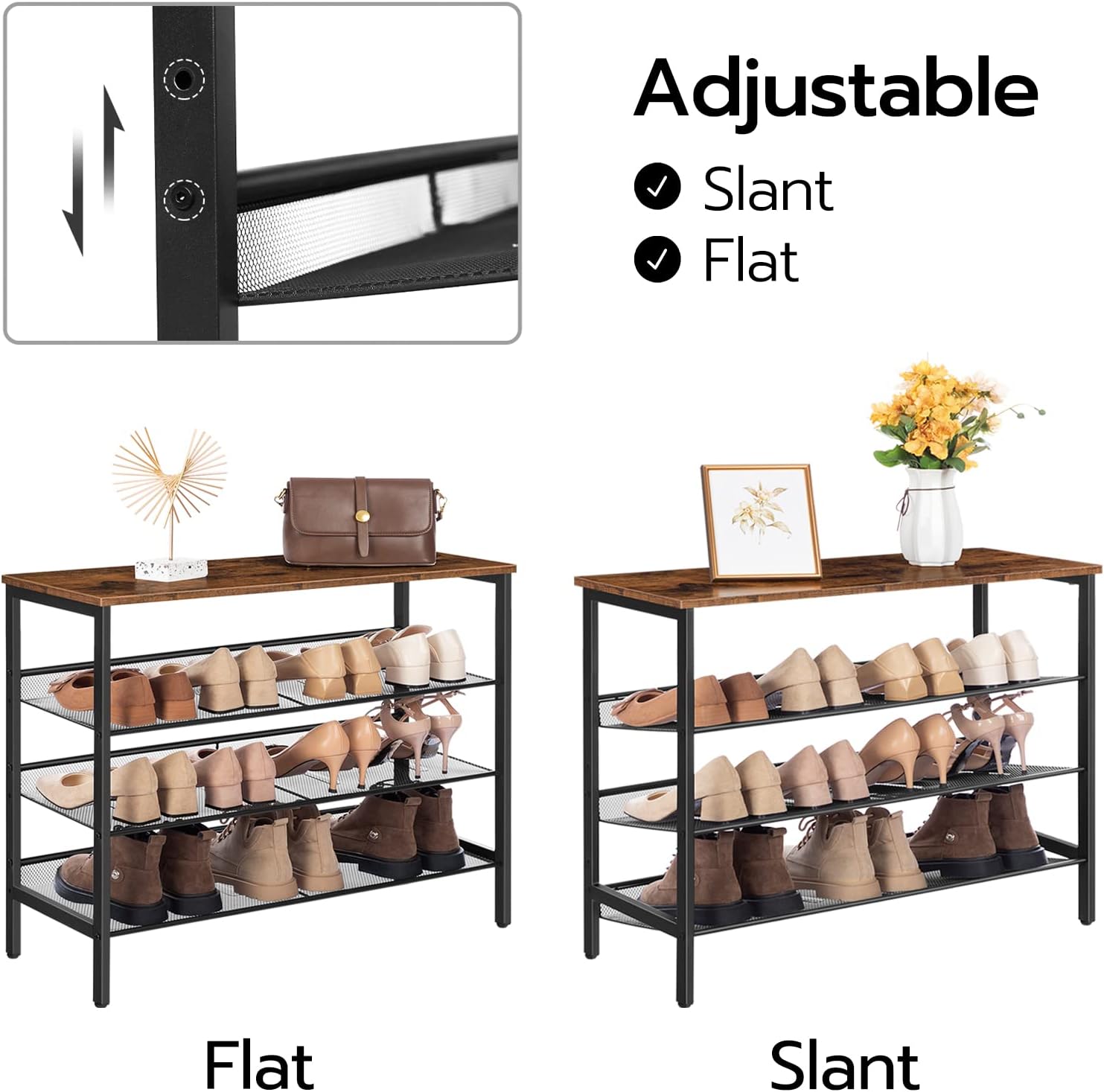 HOOBRO Industrial 4-Tier Shoe Rack with 3 Mesh Shelves and Rustic Wood Look Top, BF14XJ01