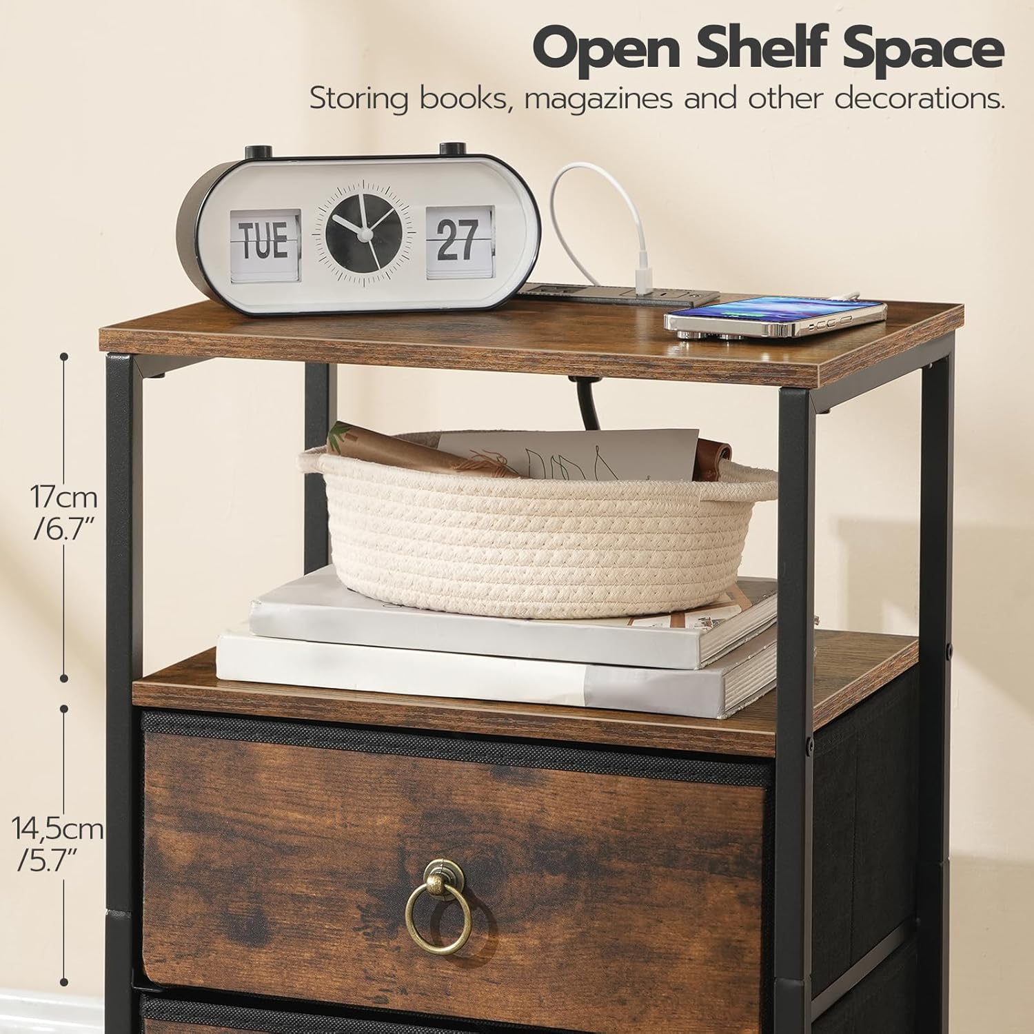 HOOBRO Nightstand with Charging Station, Bedside Table with 2 Fabric Drawers, USB & Type-C Ports, Rustic Brown & Black