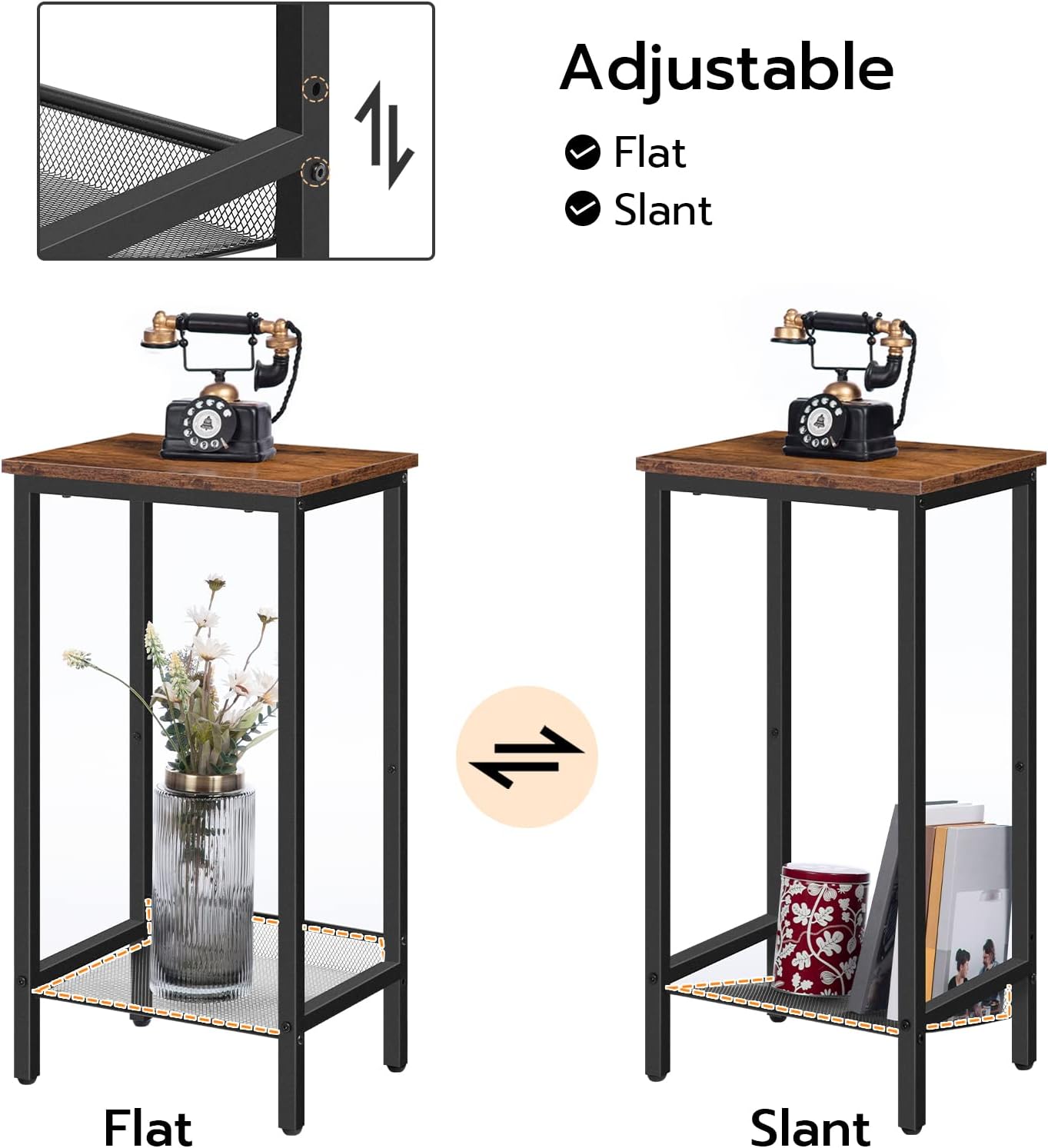 HOOBRO Tall Industrial Side Table BF03DH01 with Adjustable Mesh Shelves, Rustic Brown & Black