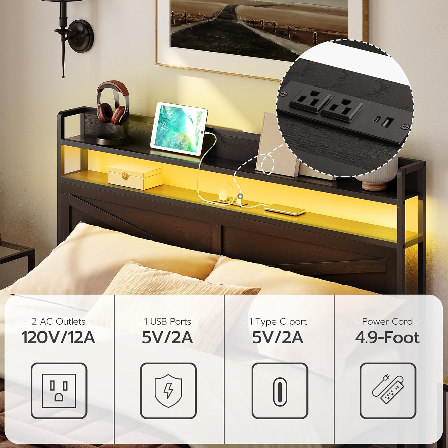 HOOBRO Queen Size LED Bed Frame with Charging Station, Storage Headboard & 2 Drawers, Black