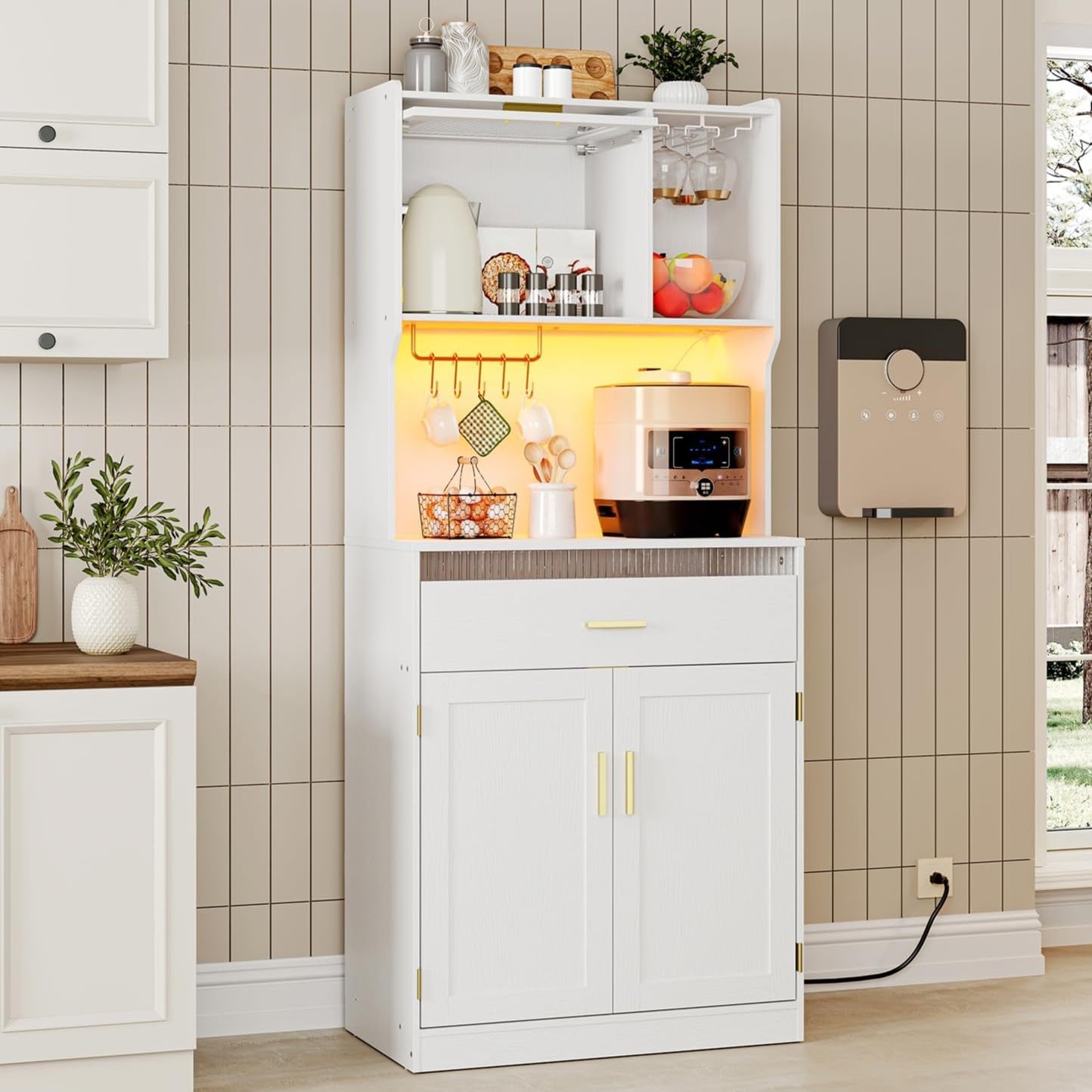 HOOBRO 170 cm Pantry Cabinet with LED Lights & Charging Station, Kitchen Storage Cabinet with Microwave Stand, White